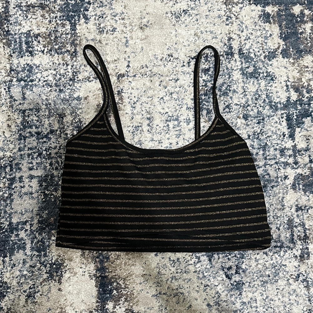 PrettyLittleThing Black & Gold Striped Sparkle Crop Cami